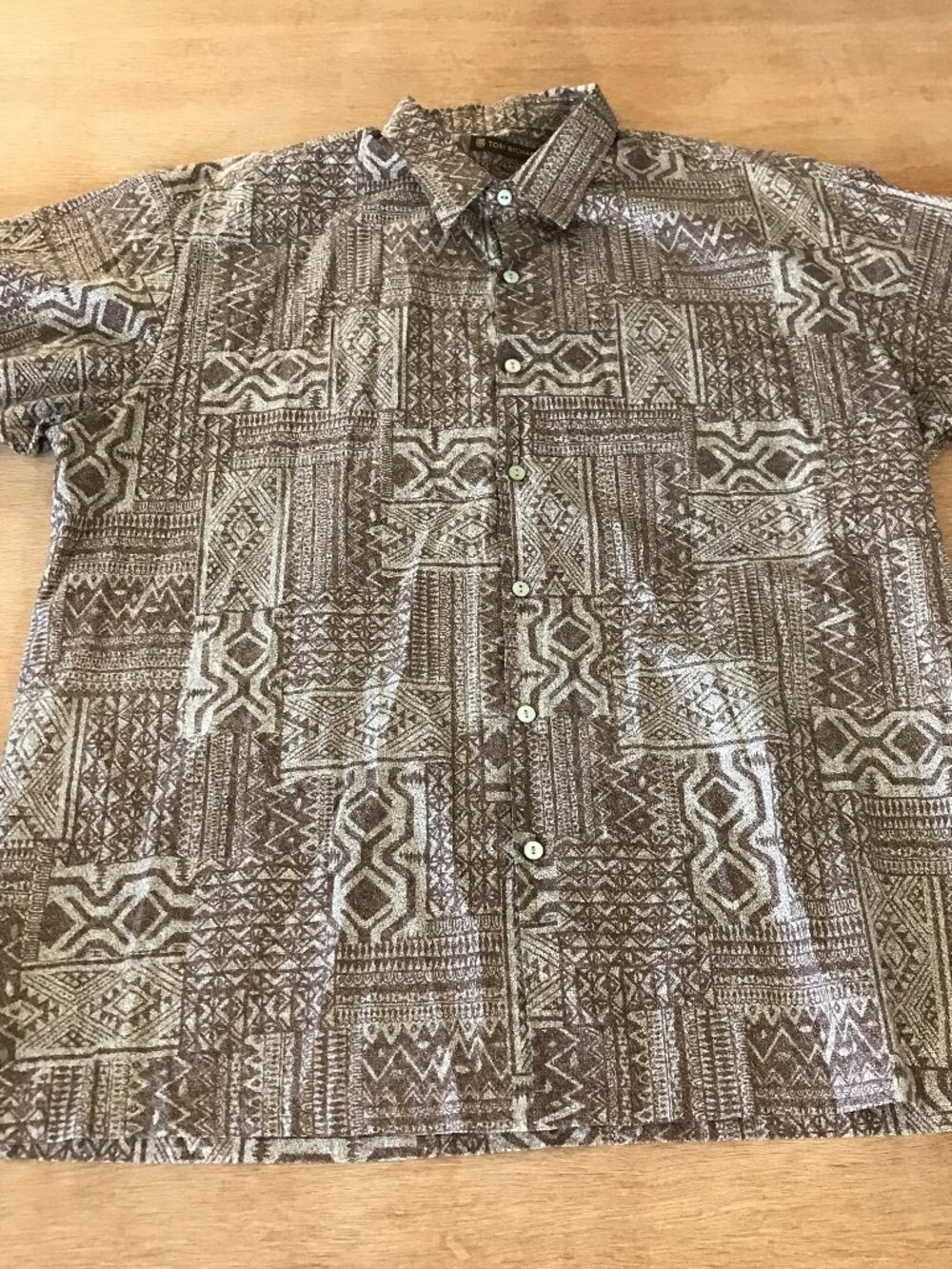 Tori Richard Hawaiian Shirt Men L Brown Geometric Tribal Button Up Pocket 19405